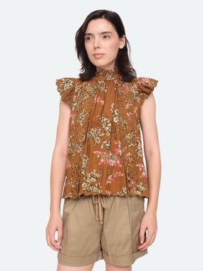 Sea New York Thea Flutter Sleeve Top High-Neck Floral Eyelet Camisole - Ochre